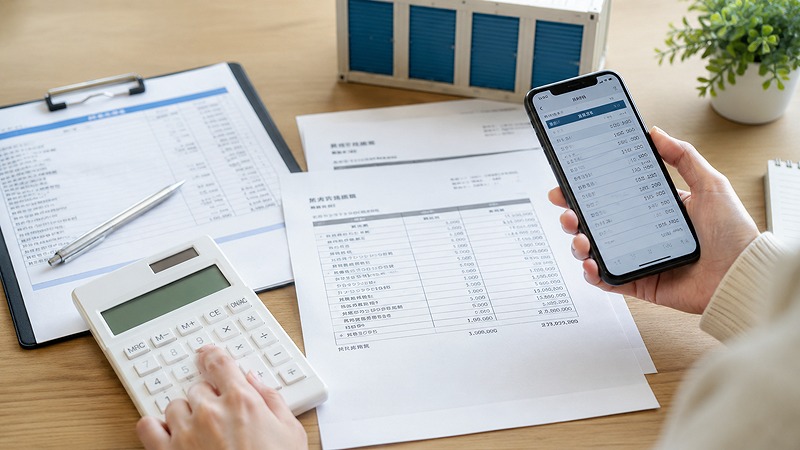 トランクルームの料金を電卓とスマホで確認するイメージ
