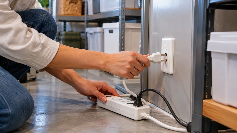 トランクルームでコンセントと電源プラグを確認する様子