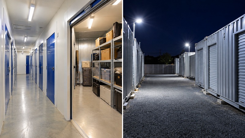 屋内型と屋外型トランクルームの夜間の照明環境