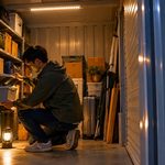 夜間のトランクルームで照明を使って荷物を確認する様子