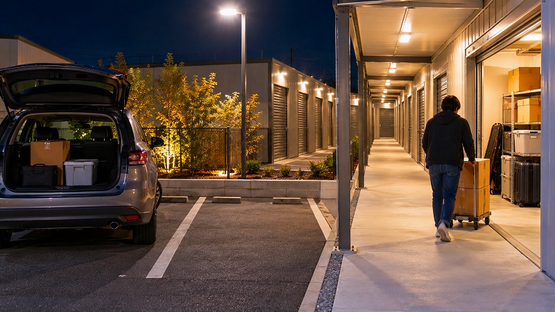 夜間のトランクルームで確認したい駐車場から収納スペースまでの動線