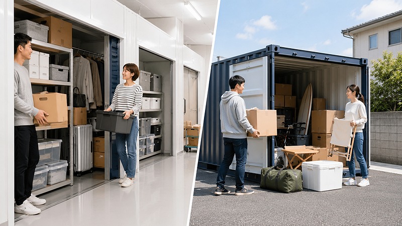 屋内型トランクルームと屋外型コンテナの特徴を比較する画像