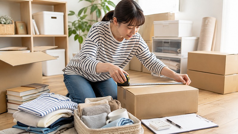 トランクルームに預ける荷物を整理している様子