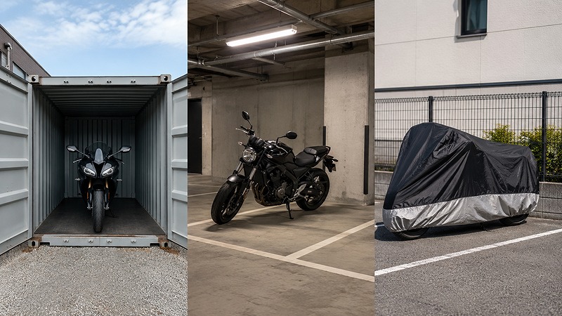 バイクコンテナや屋内外のバイク保管スペースを比較するイメージ