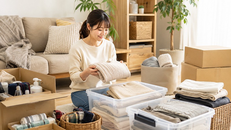 自宅の収納不足を解消するため荷物を整理する人