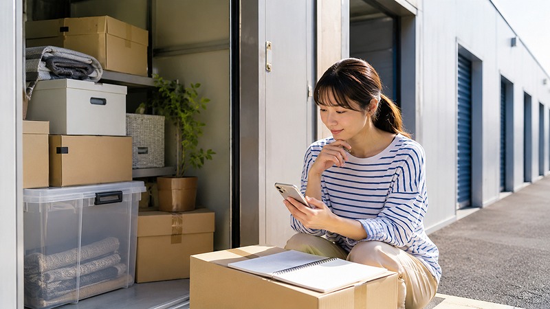 トランクルーム選びで荷物を確認する人
