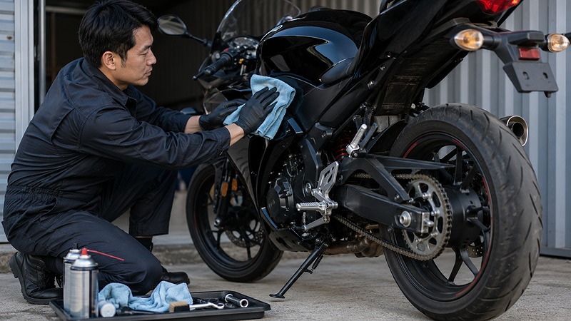 バイクコンテナに保管する前のメンテナンス作業