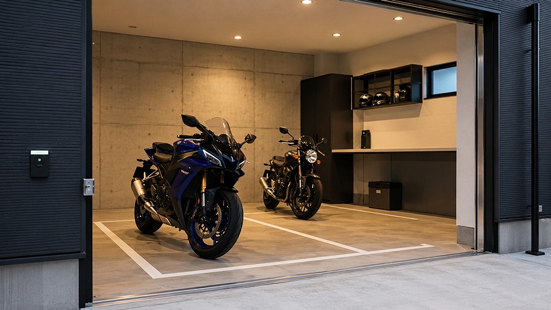 バイクを屋内ガレージで保管している様子