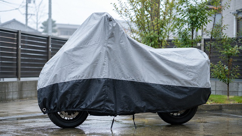 屋外でバイクカバーをかけて保管している様子
