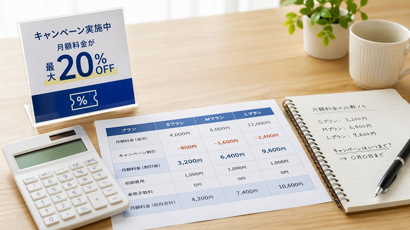 トランクルームのキャンペーン割引と月額料金を電卓や料金表で比較するイメージ