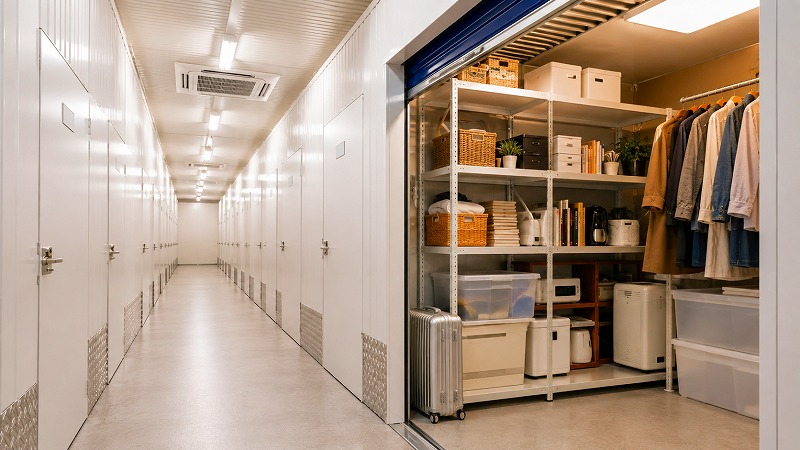 空調管理された清潔な屋内型トランクルームに衣類や荷物を整理して保管している様子
