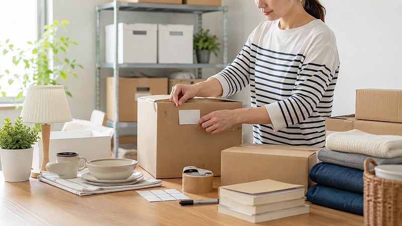 トランクルームに預ける荷物を整理する様子