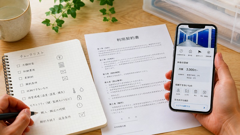 トランクルーム利用前に料金や注意点を確認するイメージ