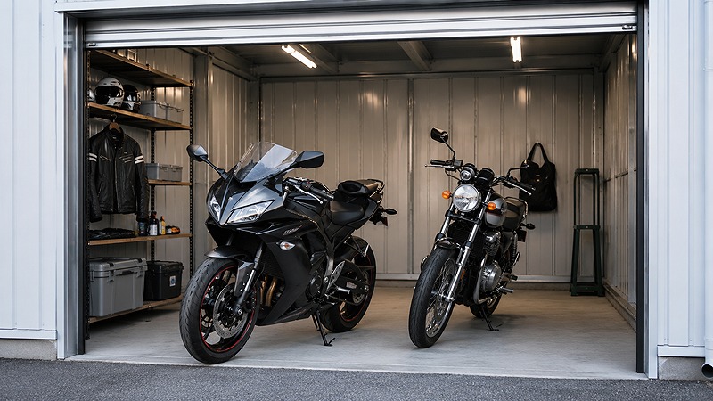 バイク専用トランクルームのガレージに保管されたバイク
