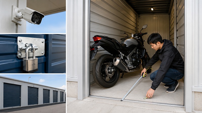 バイク専用トランクルームの広さや防犯設備を確認する様子