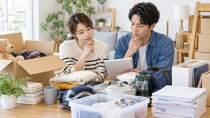 保管する荷物に合わせて貸倉庫とトランクルームを選ぶ様子