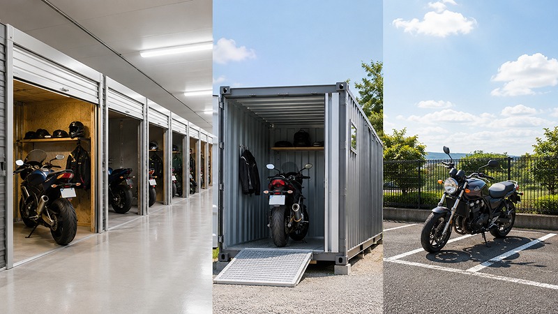 屋内型ガレージと屋外コンテナ型、屋外駐車スペースのバイク保管方法の比較