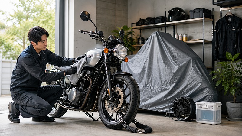 バイクを長期保管する前にメンテナンスと防錆対策をする様子