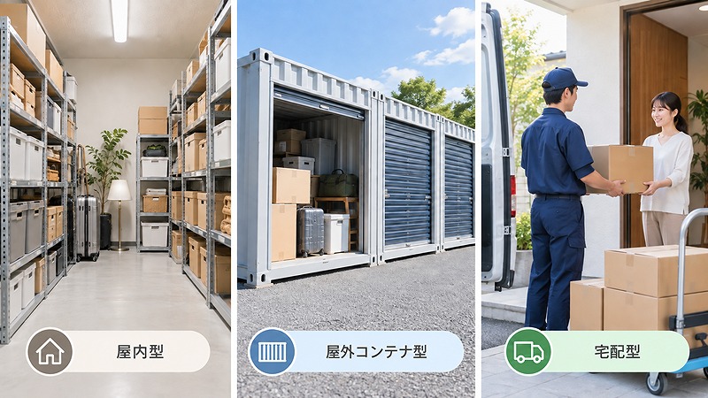 屋内型・屋外コンテナ型・宅配型トランクルームの違いを比較したイメージ