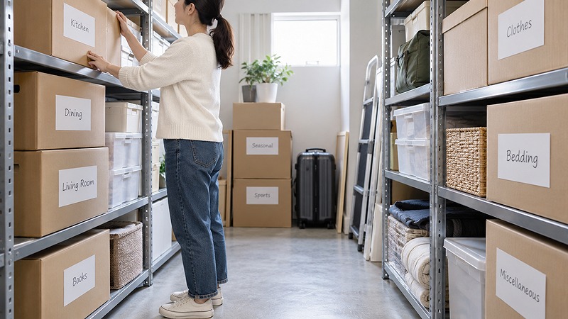 ラベルを付けた引っ越し荷物をトランクルームに整理して収納する様子