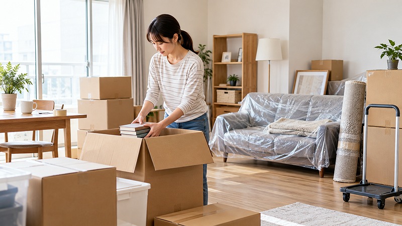 引っ越しの荷物をトランクルームへ一時保管するために準備している様子