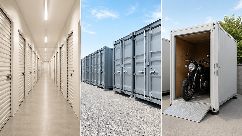 屋内型トランクルームと屋外型コンテナとバイクコンテナの比較イメージ