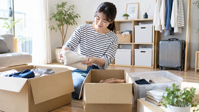 トランクルームに預ける荷物を整理して仕分けしている様子