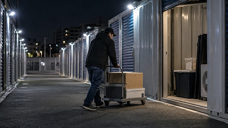 夜間の屋外型トランクルームで照明のある通路を台車で荷物を運ぶ男性