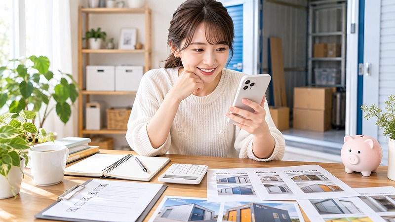 スマホや電卓を使ってトランクルームの料金を比較している様子