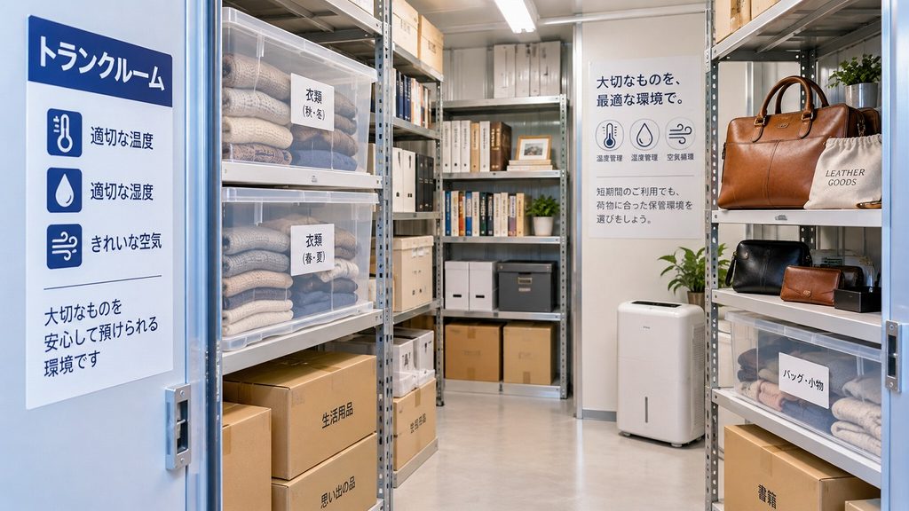衣類や本、革製品を清潔なトランクルームで保管するイメージ
