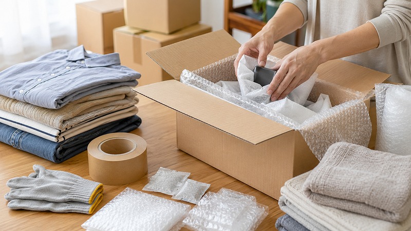 トランクルームに預ける前に荷物を梱包する様子