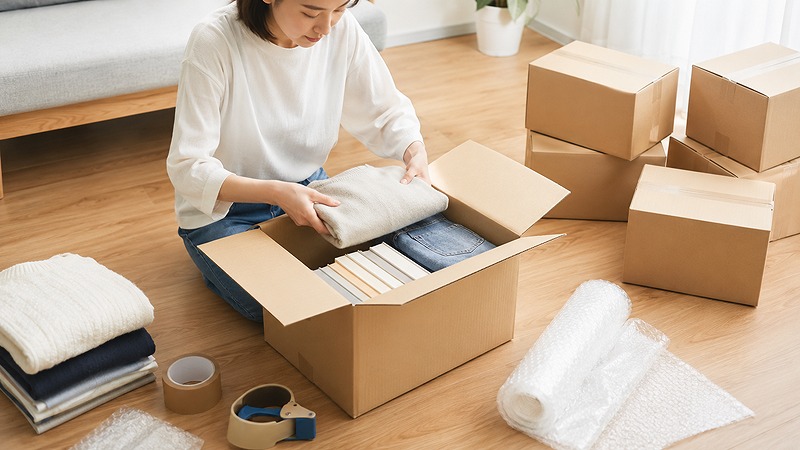 宅トラの集荷前に衣類や本をダンボールへ梱包する様子