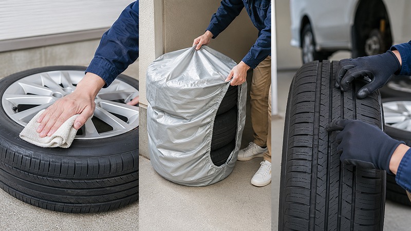 タイヤを保管前に掃除して準備するイメージ