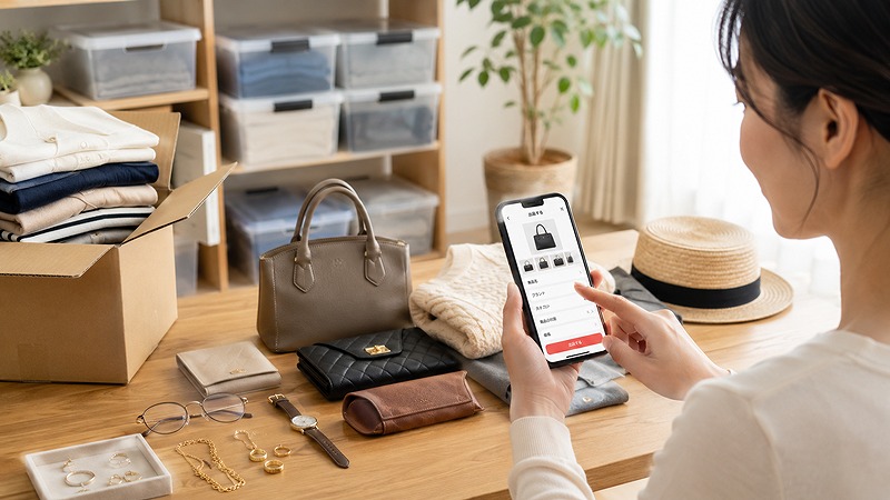 自宅の荷物を整理してオークション出品する様子