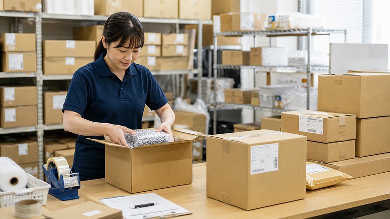 落札された商品を梱包して発送するイメージ