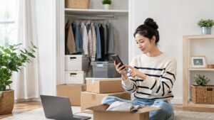 クローゼットと段ボール箱の前でスマホを使い、ミニクラとサマリーポケットを比較する女性