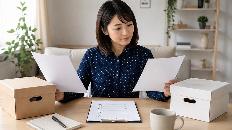 2つの収納サービスの資料を見比べ、チェックリストを確認する日本人女性