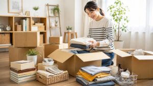 ミニクラに預ける荷物を自宅で整理している様子