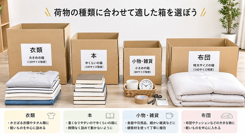 ミニクラのボックスを荷物の種類に合わせて選ぶイメージ