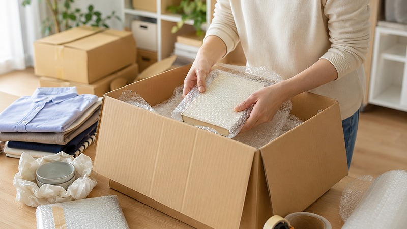 ミニクラに荷物を預ける前に丁寧に梱包するイメージ