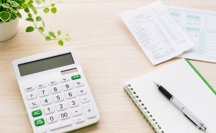 トランクルーム料金を確認する電卓とメモ